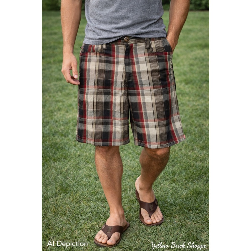 Billabong Plaid Shorts Men's Size 33 Beige Red Black Casual Flat Front